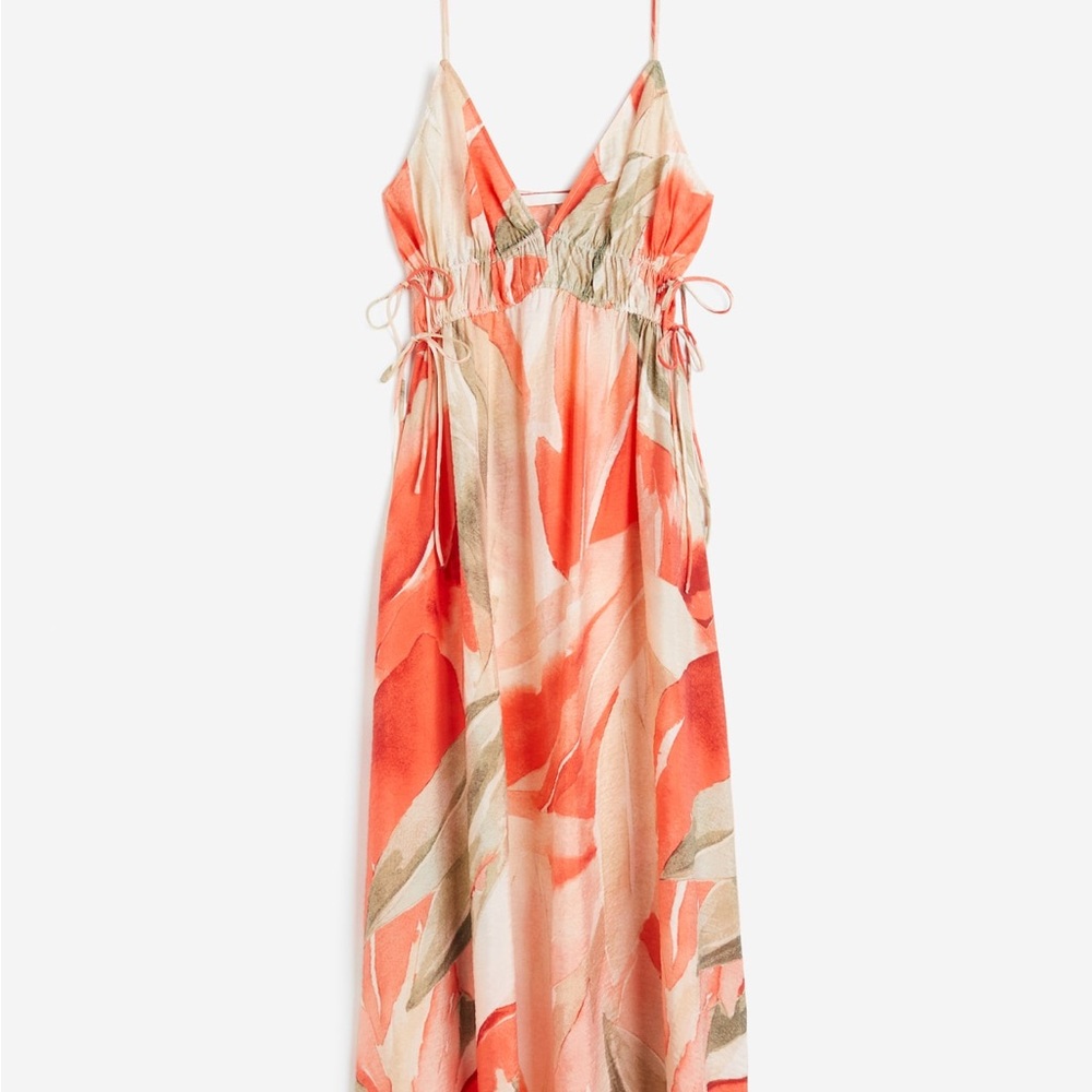 H&M Drawstring Detail Dress Adjustable Straps Orange Cream Maxi Size XXL 2XL